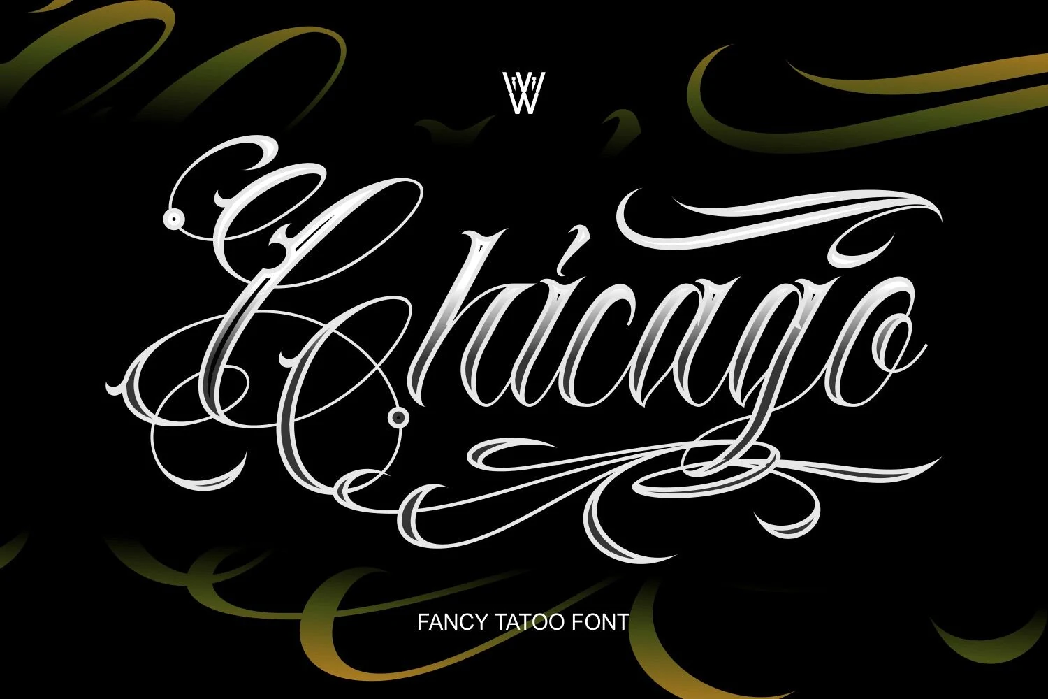 Chicago Font displayed in an ornate, high-contrast connected script with decorative swashes and a pronounced rightward slant.