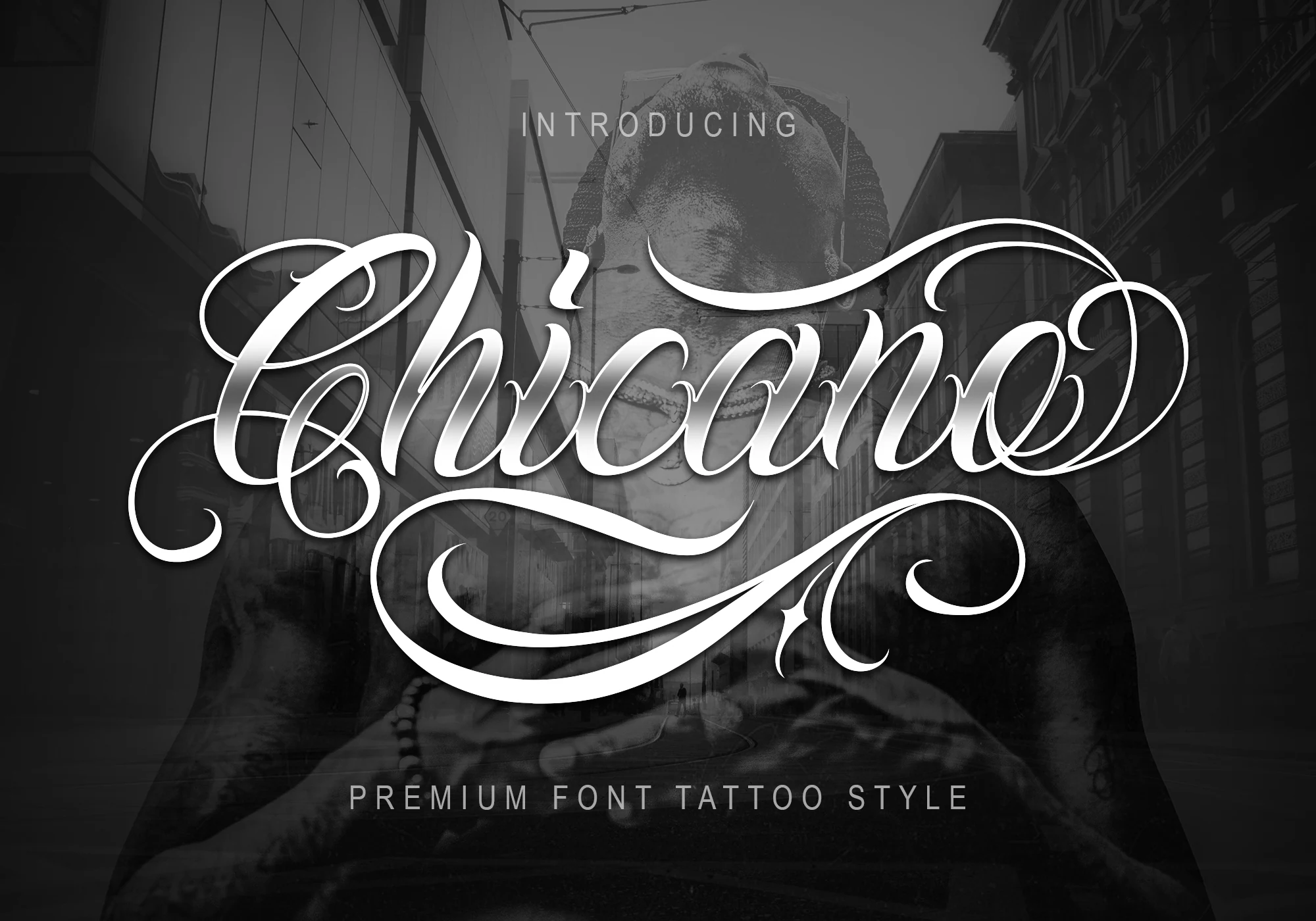 Chicano Font featuring an ornate calligraphic script with connected cursive forms, sweeping swashes, and high stroke contrast.