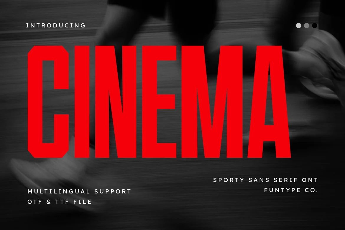 Cinema Font displayed in bold, tall, condensed capital letters with heavy strokes and sharp angular corners.