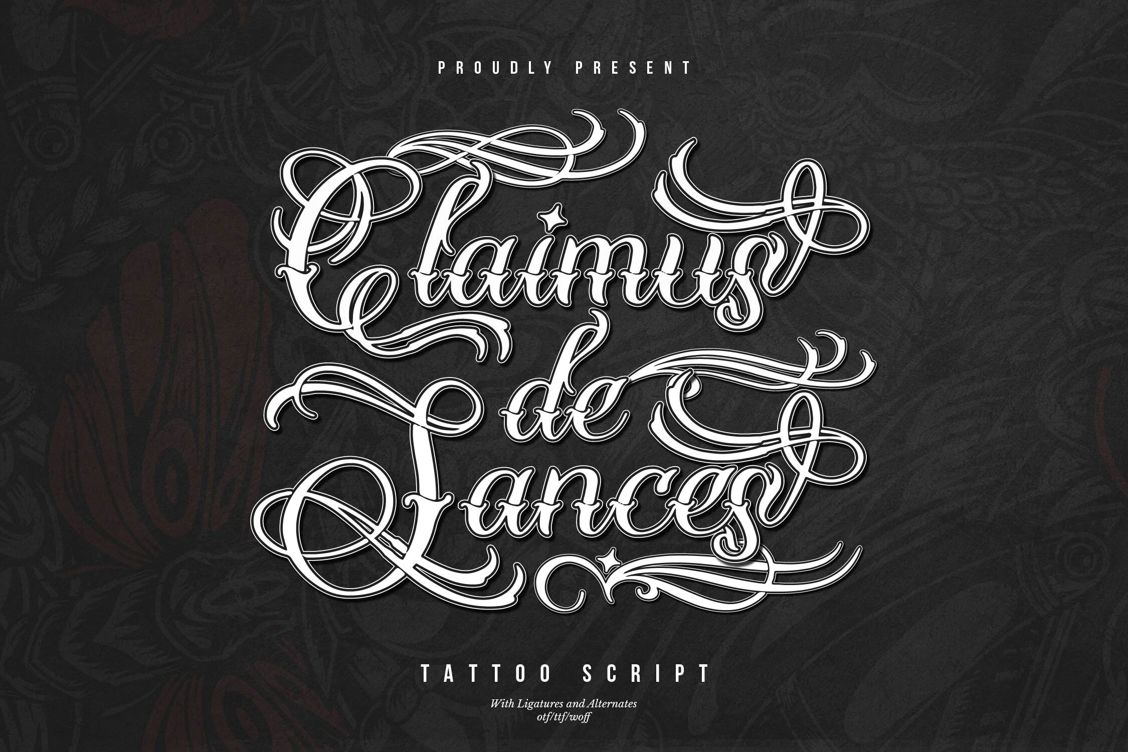 Claimus De Sances Font featuring ornate flourishes, connected cursive letters, and high-contrast calligraphic strokes.