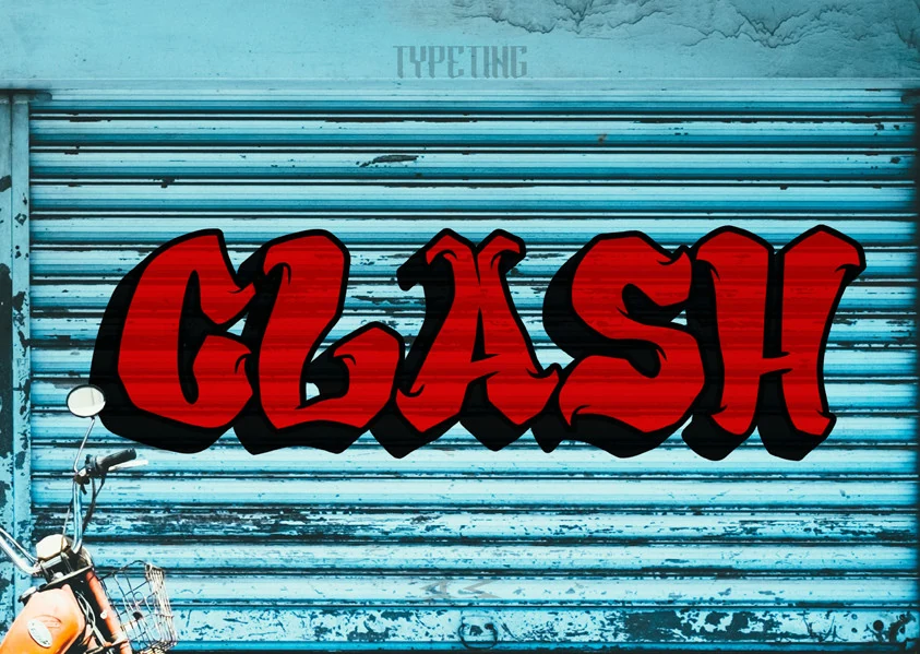 Clash Font displaying bold, angular graffiti-style lettering with thick strokes and a heavy drop shadow.