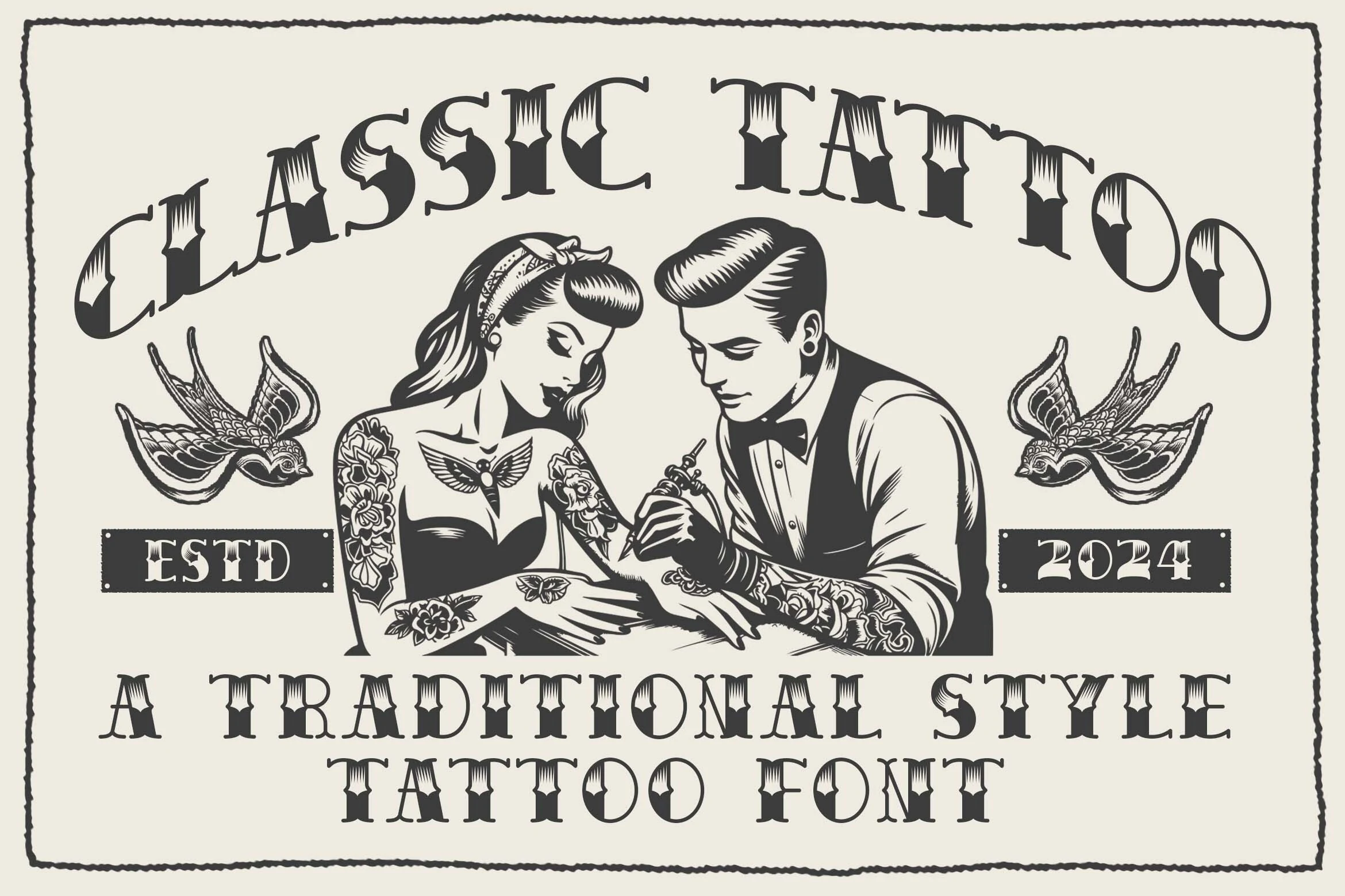 Classic Tattoo font with bold wedge serifs, upright letterforms, and internal hatched texture.