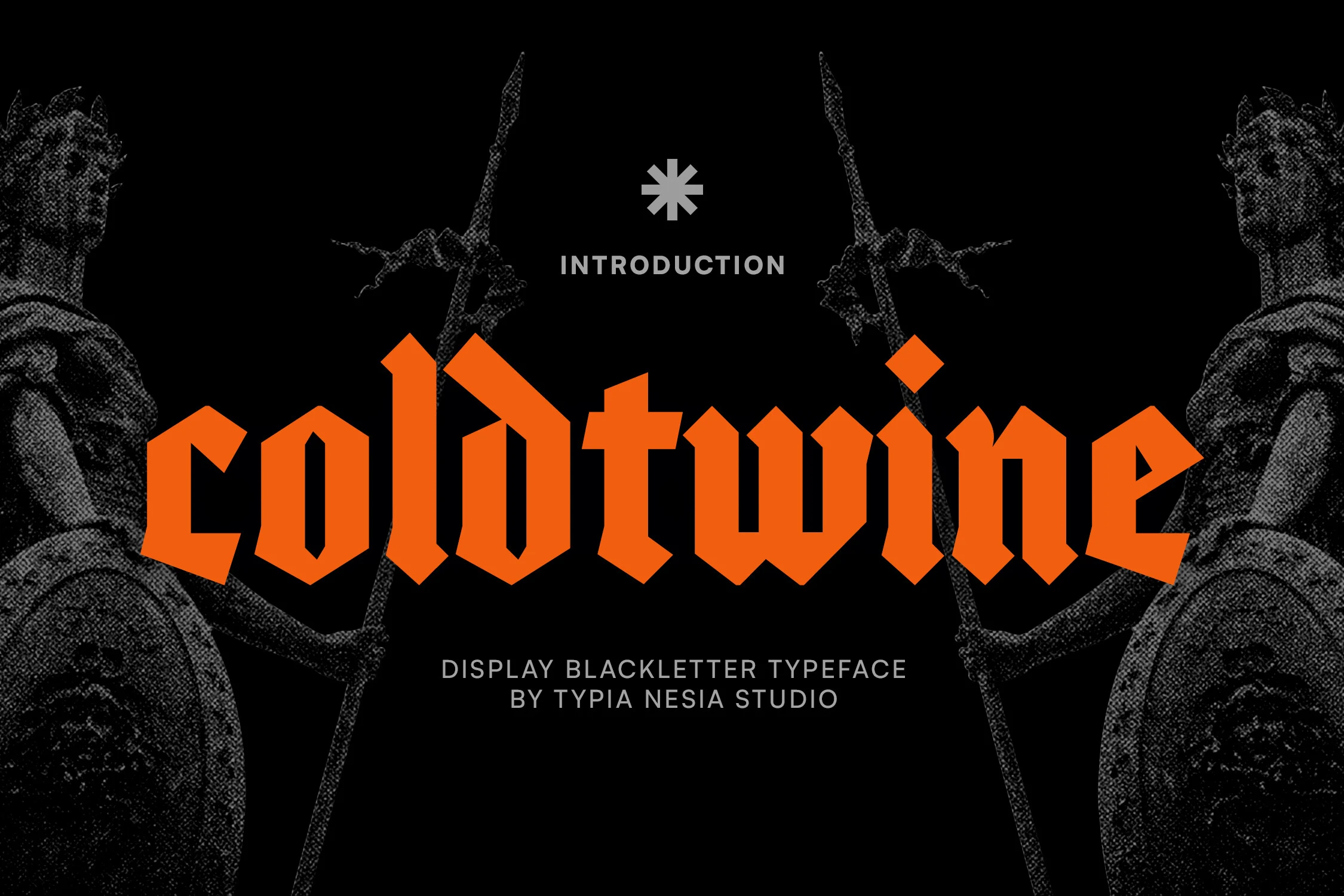 Coldtwine Font is a bold blackletter typeface with heavy strokes, sharp angular terminals, and condensed proportions.
