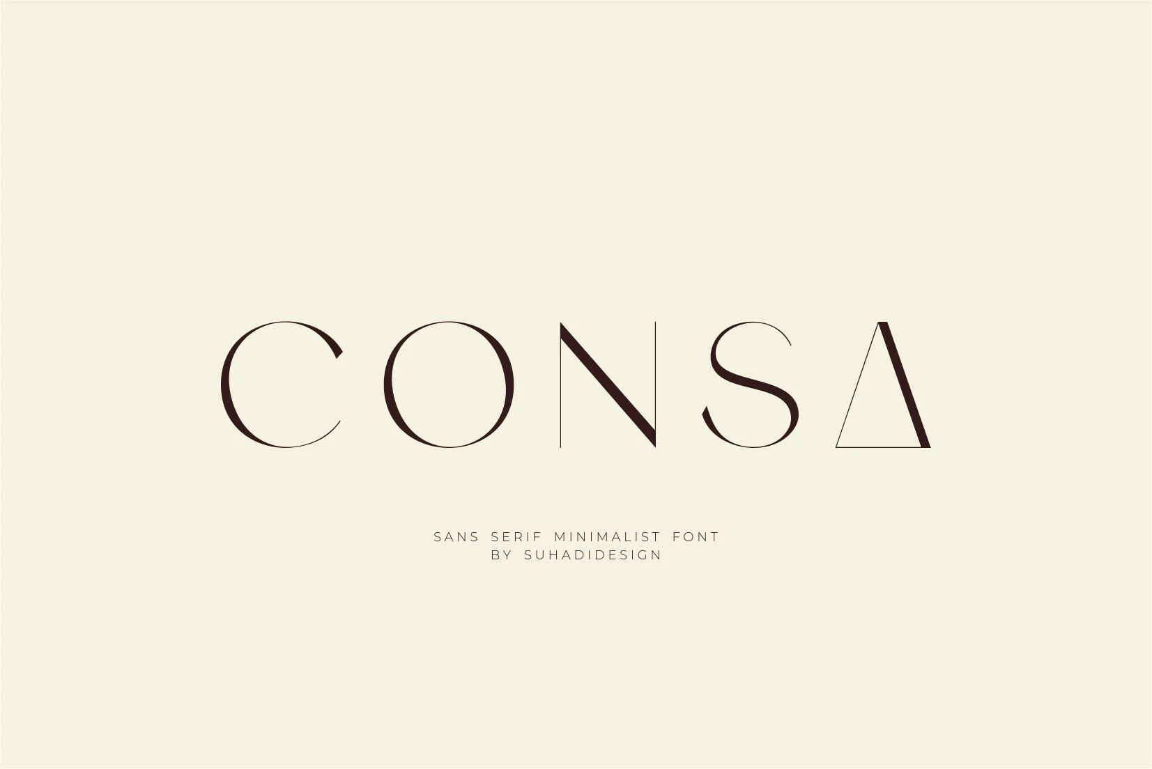 Consa Font displaying wide geometric letterforms with high stroke contrast and a triangular final A.