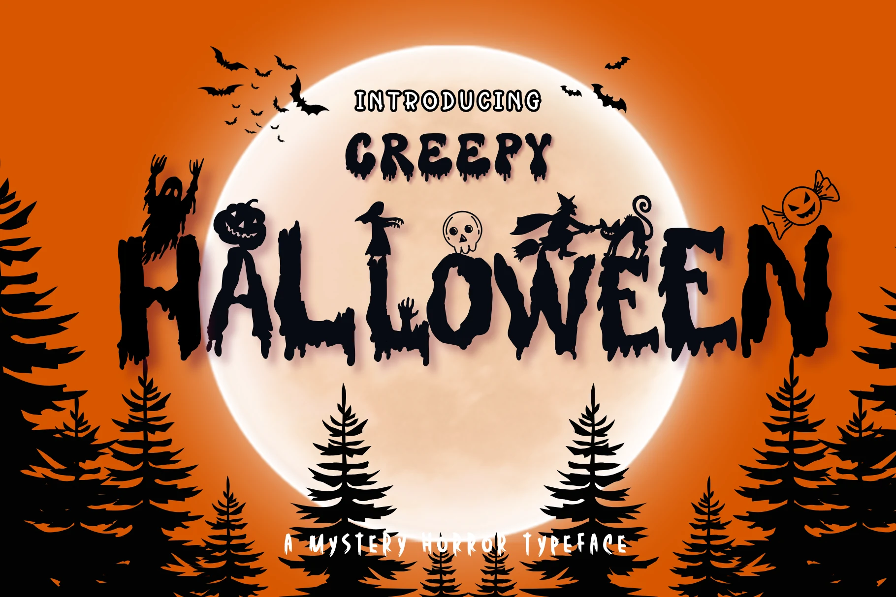 Creepy Halloween Font features heavy dripping letterforms, jagged edges, and integrated Halloween-themed silhouettes.