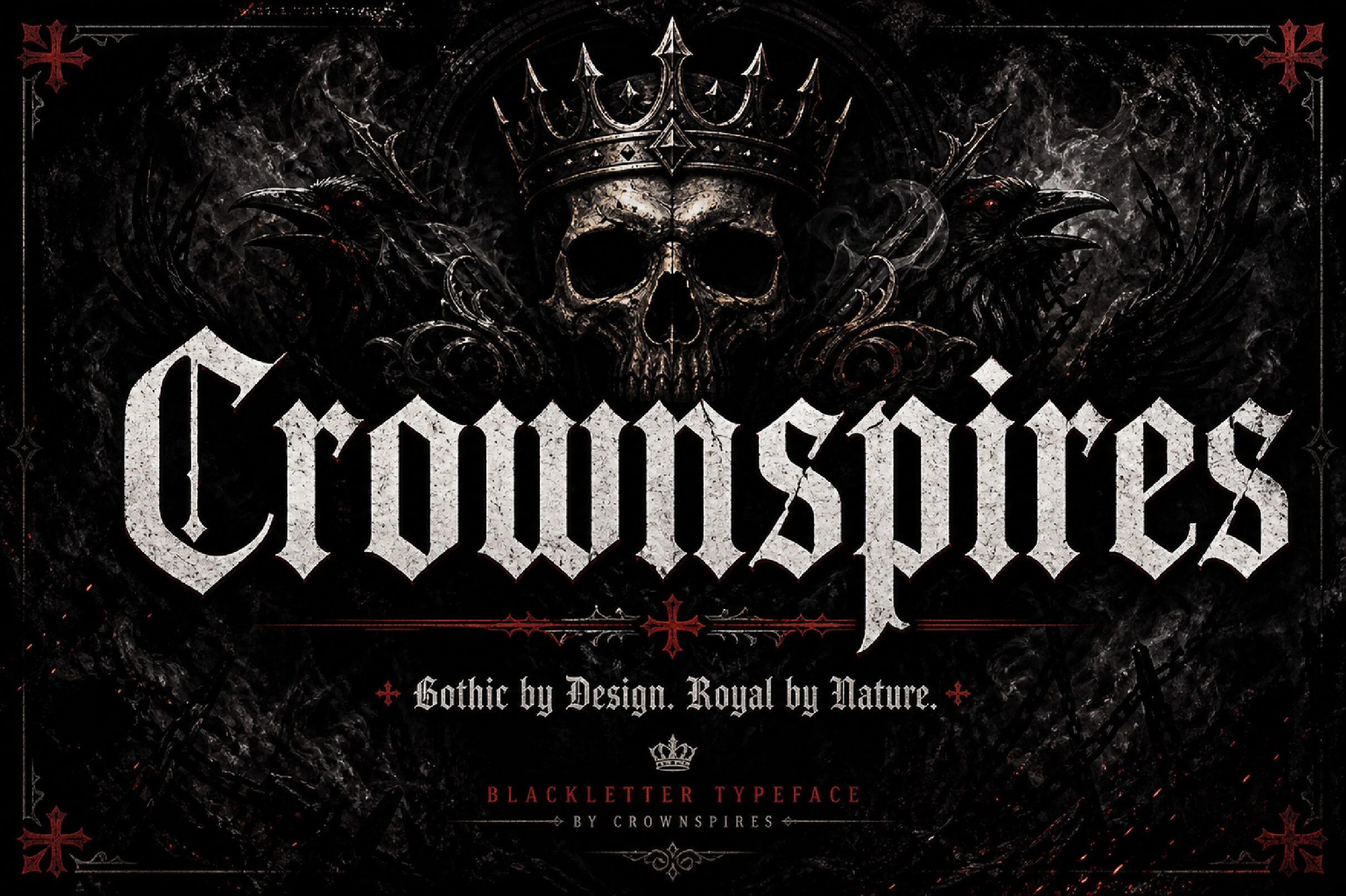 Crownspires Font shown as a bold blackletter typeface with condensed proportions, angular terminals, and high stroke contrast.