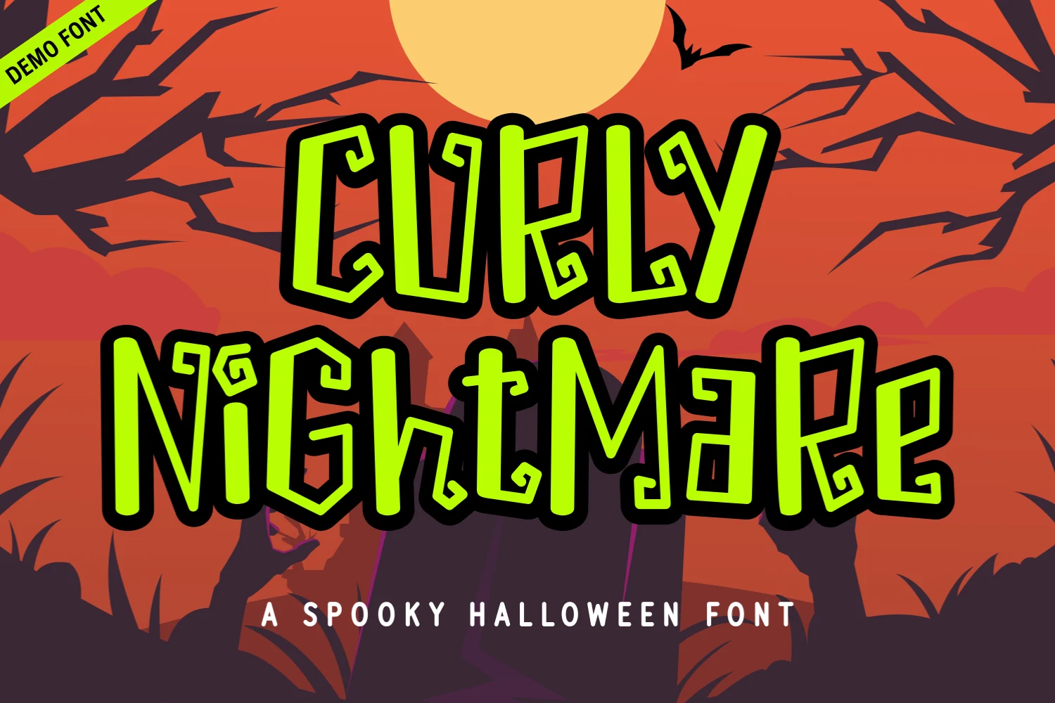 Curly Nightmare Demo Font by Kelik 7ntypes Font featuring bold upright letters with curled terminals, irregular stroke weights, and uneven character heights.