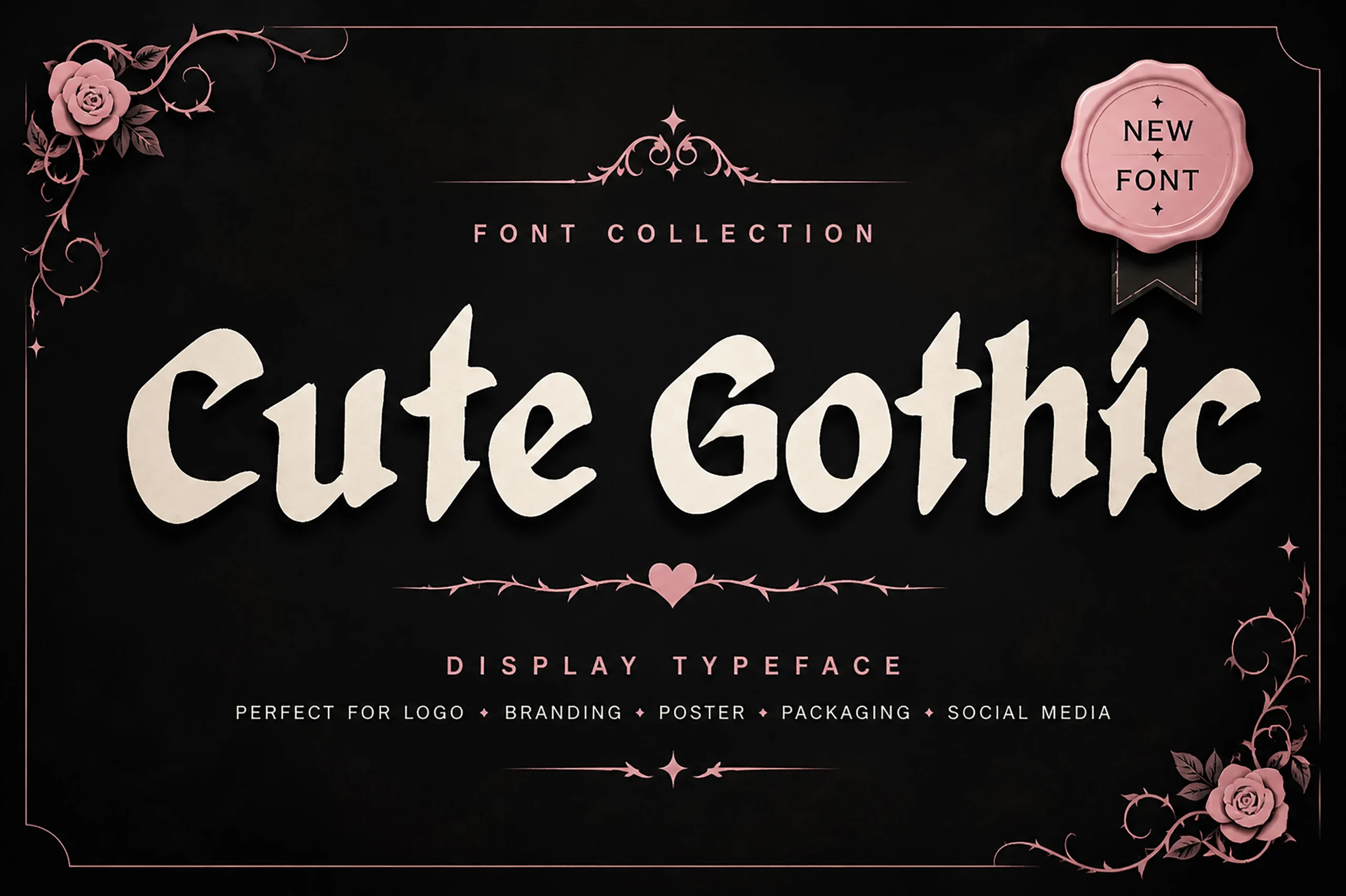 Cute Gothic Font featuring Pointed, angular terminals and Heavy-bodied letterforms