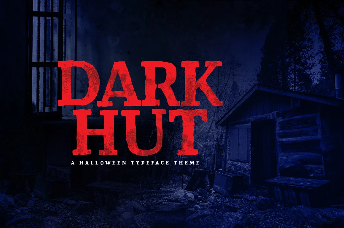 Dark Hut Font is a heavy, distressed display serif with blocky slab-like terminals and irregular jagged edges.