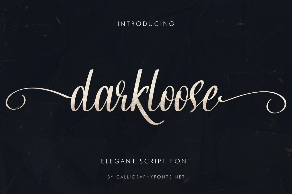 Darkloose Font is a connected script with high stroke contrast, slanted letterforms, and sweeping decorative swashes.
