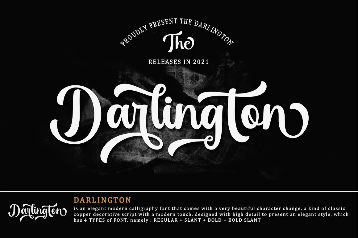 Darlington Font displayed in a connected calligraphy script with high stroke contrast and elaborate swashes.