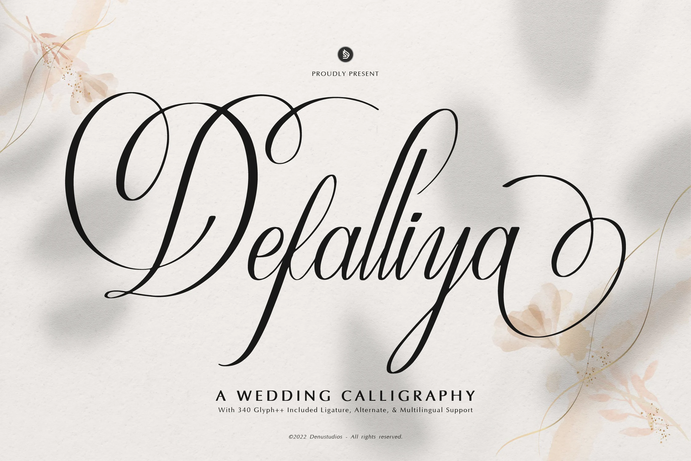 Defalliya Font displayed in a connected, high-contrast calligraphic script with pronounced slant and elongated swashes.