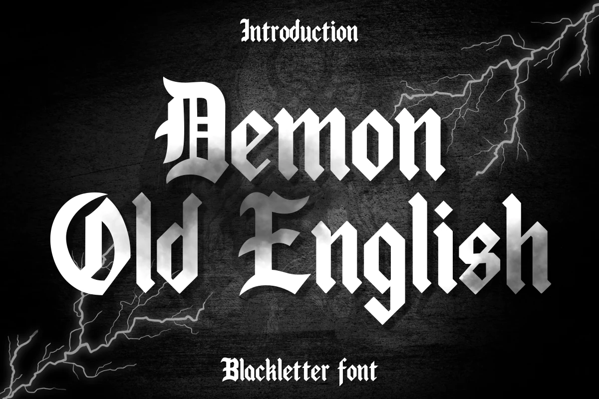 Demon Old English Font features bold angular blackletter lettering with strong vertical strokes, sharp terminals, and dense spacing.