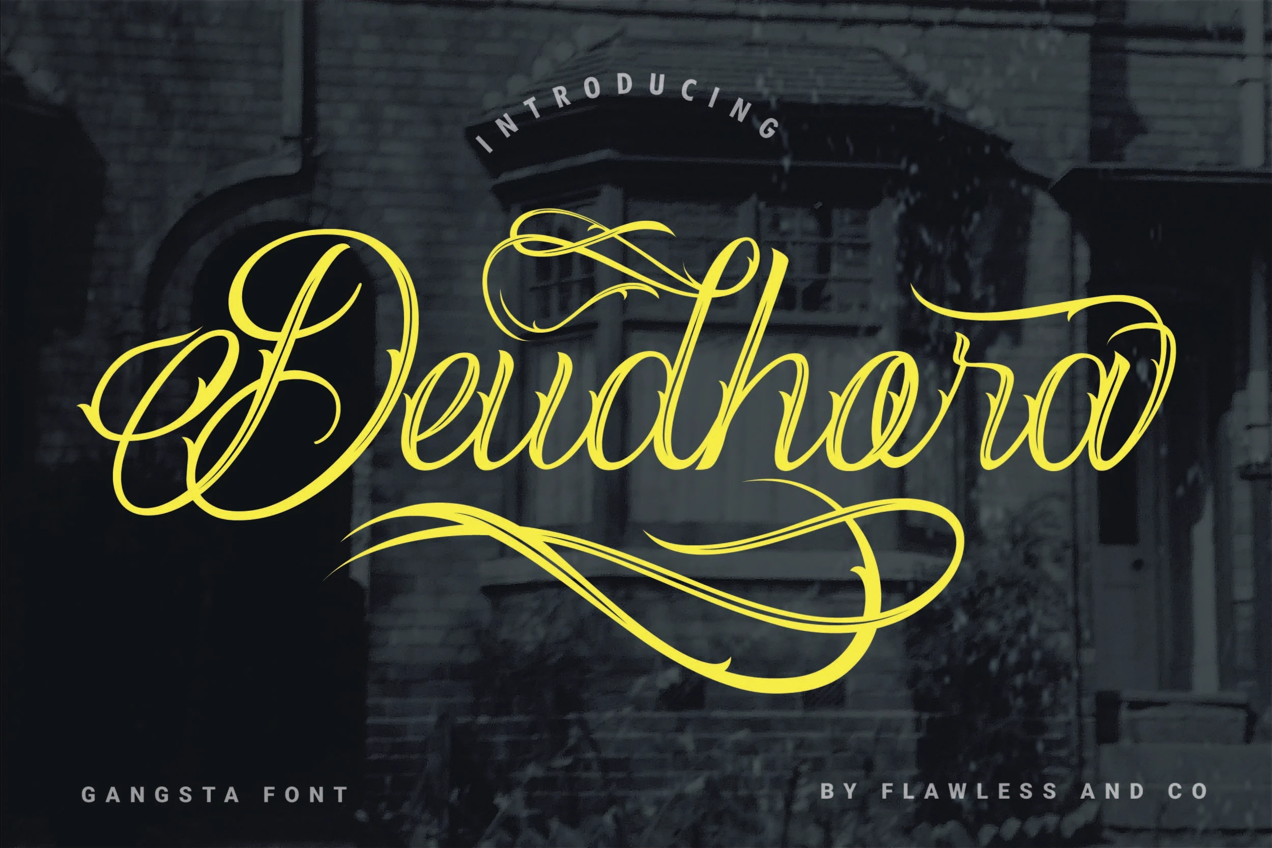 Deudhora Font is an ornate calligraphic script with connected flowing letters, sweeping swashes, and high-contrast strokes.