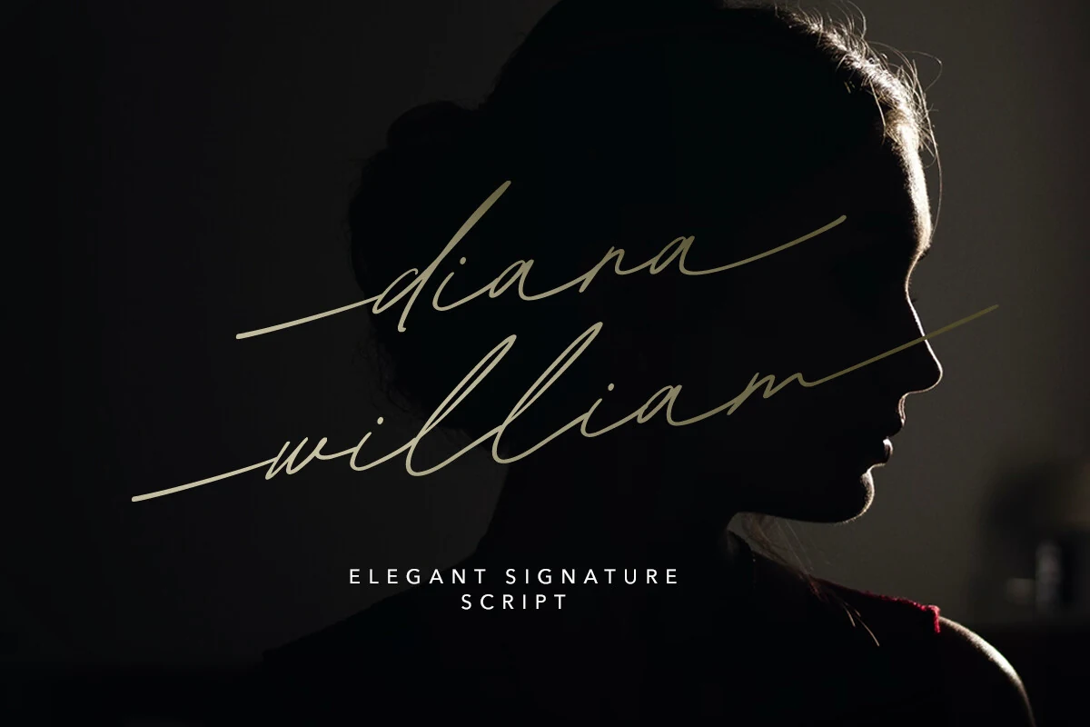 Diana William Font showing connected, right-slanted signature lettering with high stroke contrast and decorative swashes.