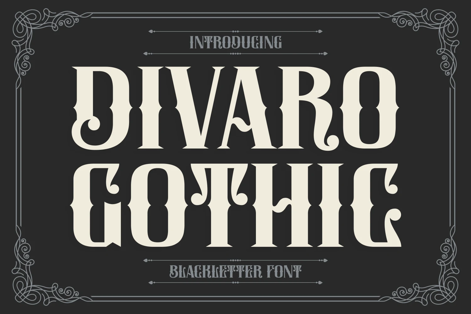 Divaro Gothic Font features condensed upright blackletter forms with high-contrast strokes and ornate flared terminals.