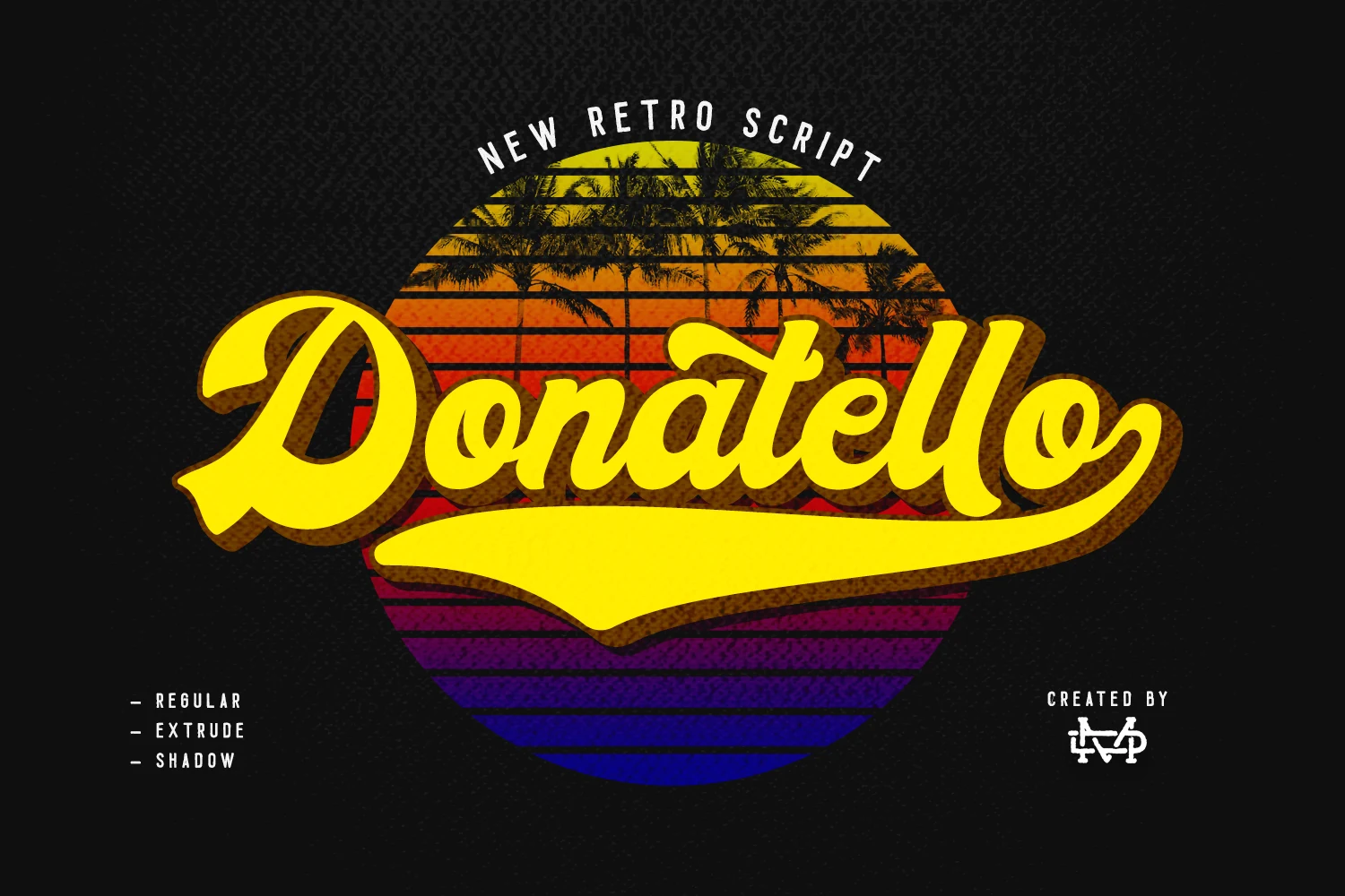 Donatello Font displayed in a bold connected script with a pronounced rightward slant, rounded terminals, and an elongated underline swash.