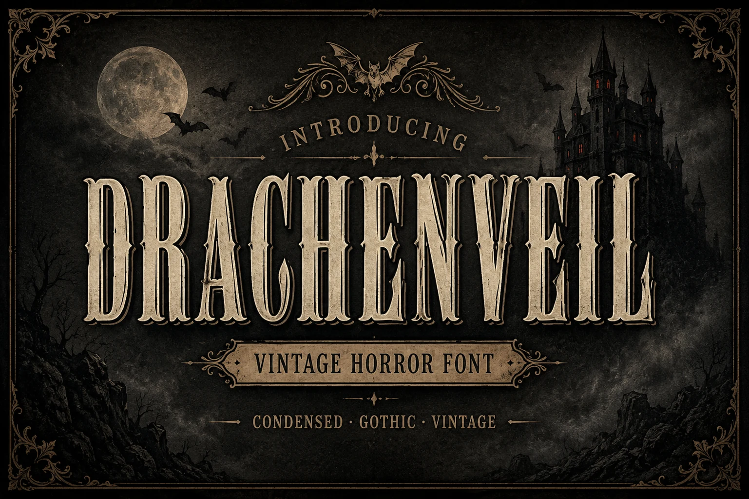 Drachenveil Font is a condensed, high-contrast serif with sharp spurred terminals and strong vertical forms.