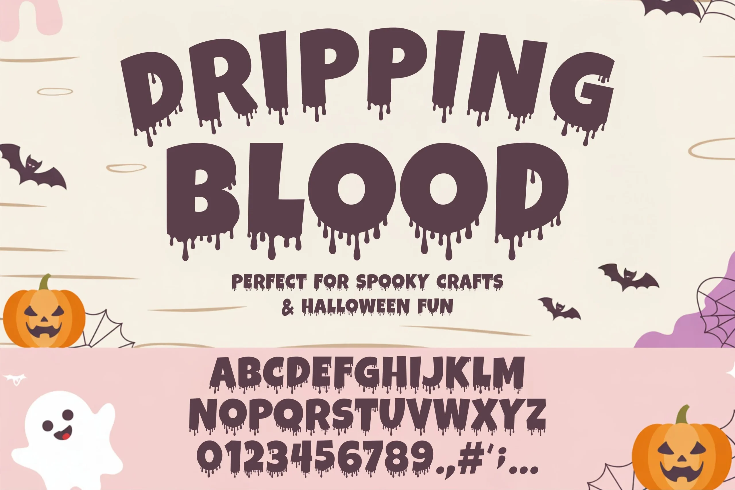 Dripping Blood Halloween Font showing bold geometric letters with rounded forms and uniform dripping terminals.