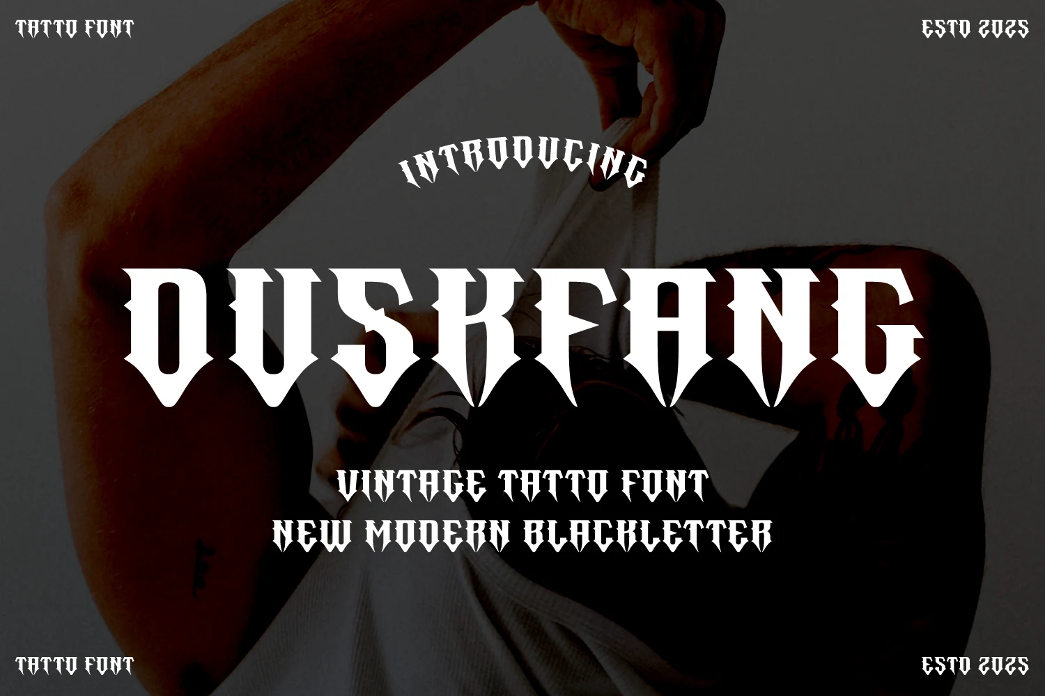 Duskfang Font is a modern blackletter display typeface with sharp fang-like terminals, angular forms, and high-contrast vertical strokes.