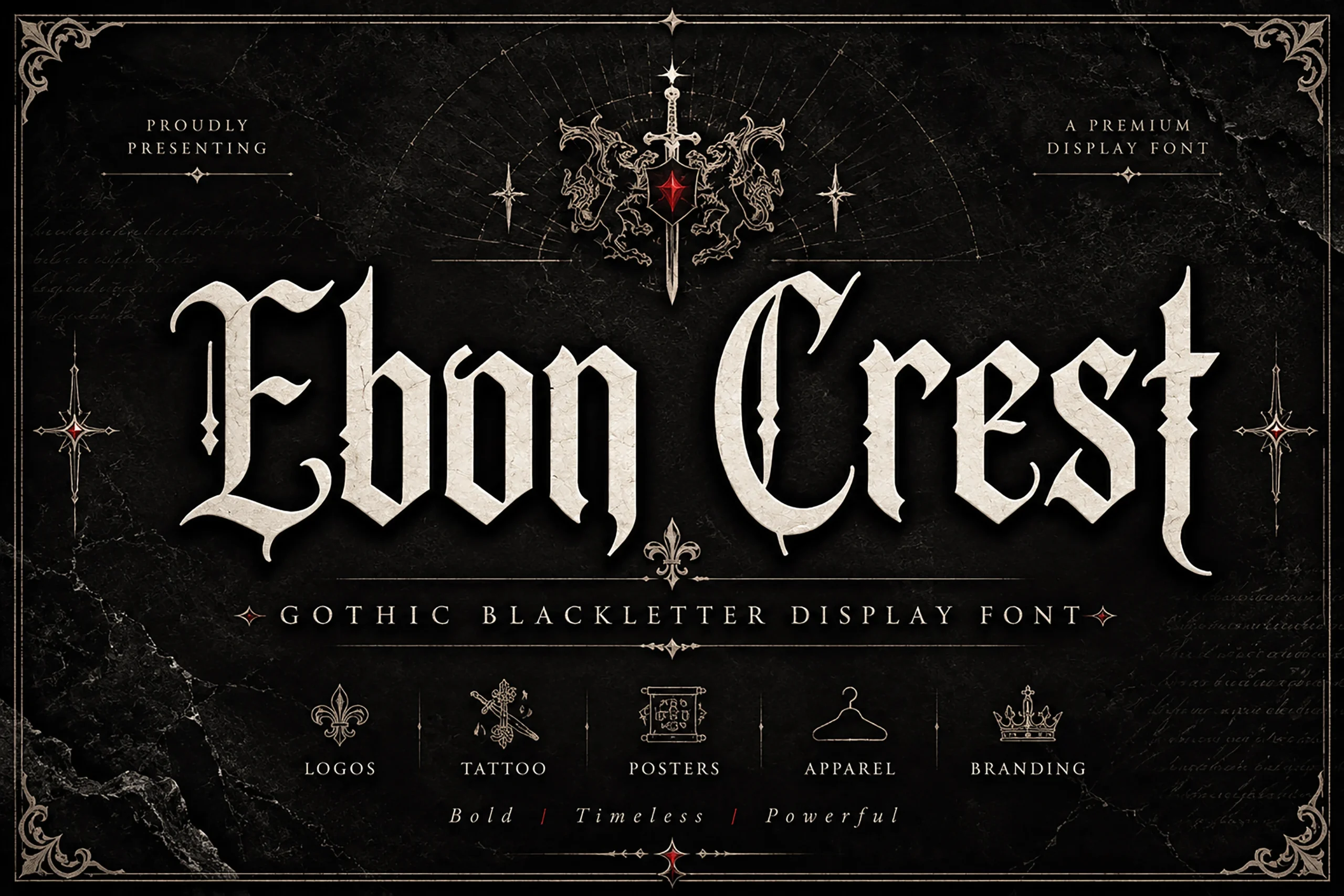 Ebon Crest Font displaying bold, narrow blackletter forms with sharp angular terminals and decorative crossbars.