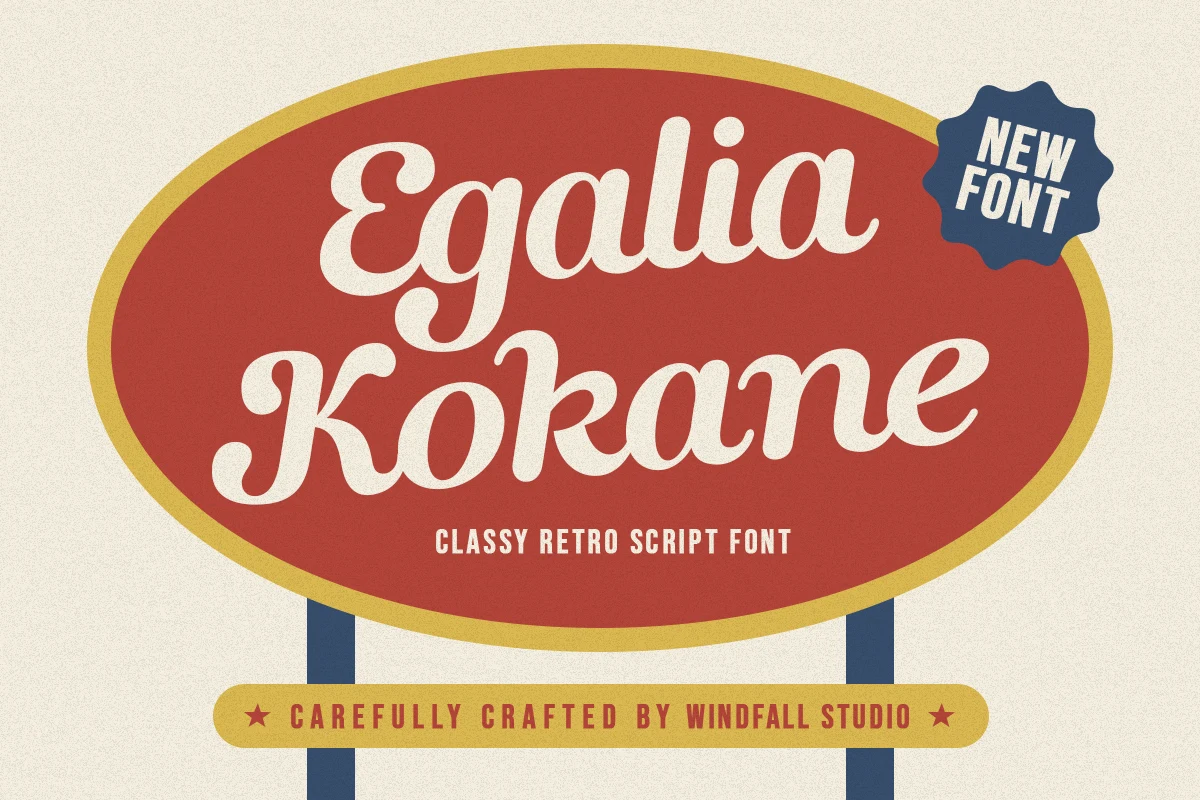 Egalia Kokane Font is a connected retro script with high stroke contrast, upright curves, and flared terminals.