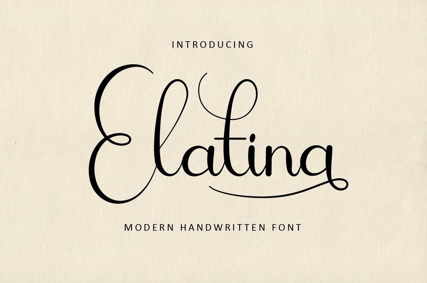 Elatina Font with upright connected script letterforms, high-contrast strokes, and flourished swashes.
