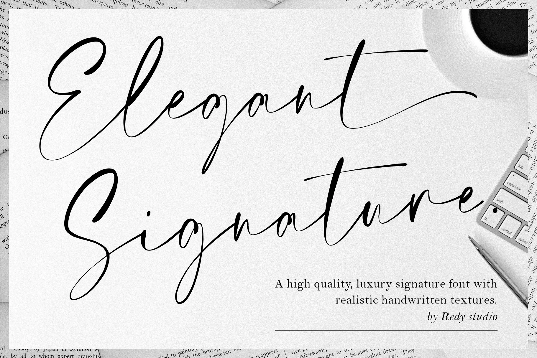 Elegant Signature Font is a high-contrast flowing script with connected cursive letters, a pronounced rightward slant, and sweeping swash strokes.