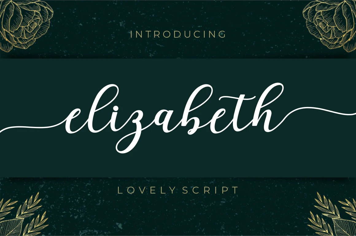 Elizabeth Font is displayed in a flowing connected script with high-contrast strokes and decorative swashes.