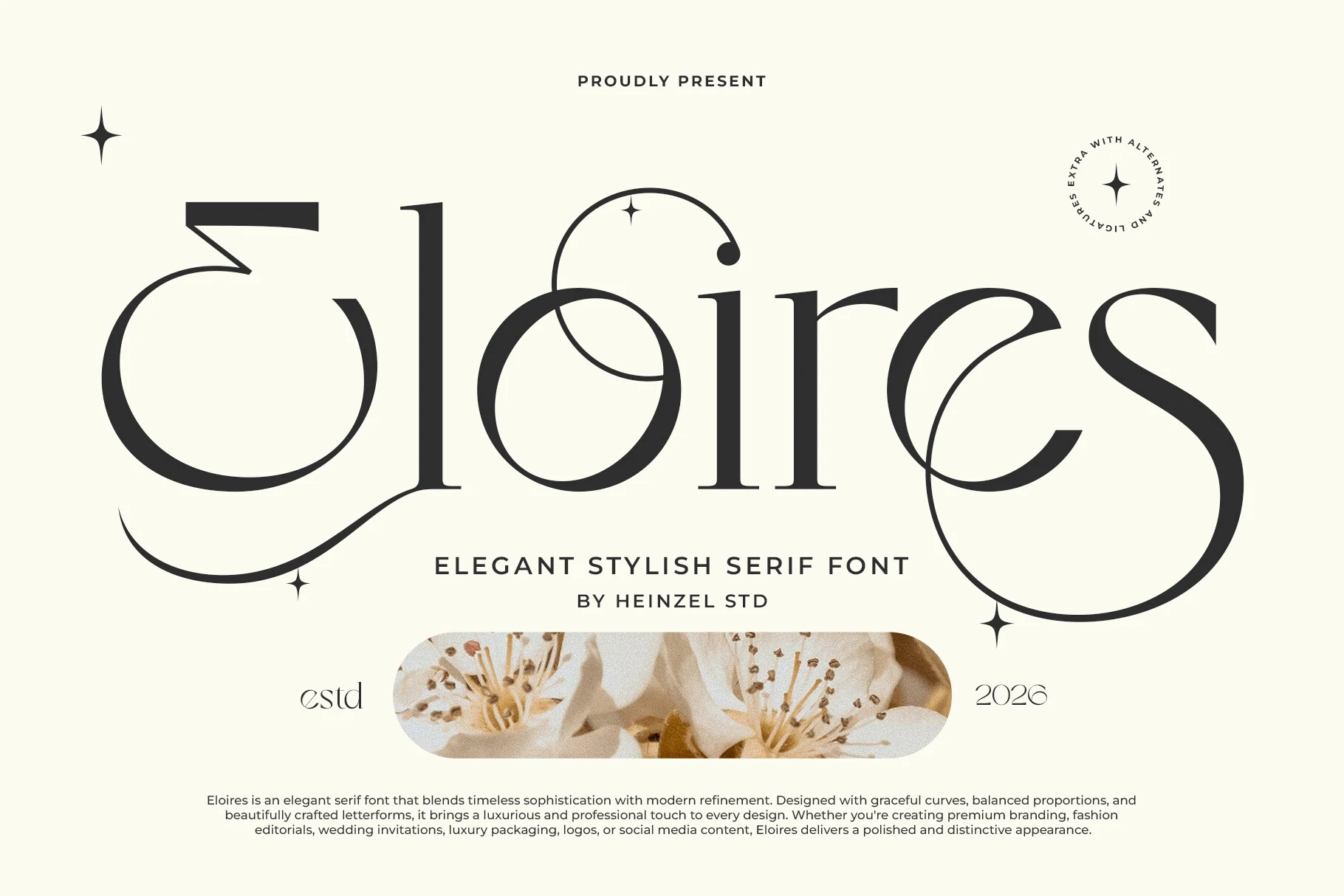 Eloires Font showing a high-contrast serif wordmark with thin serifs, flowing decorative swashes, and connected letterforms.