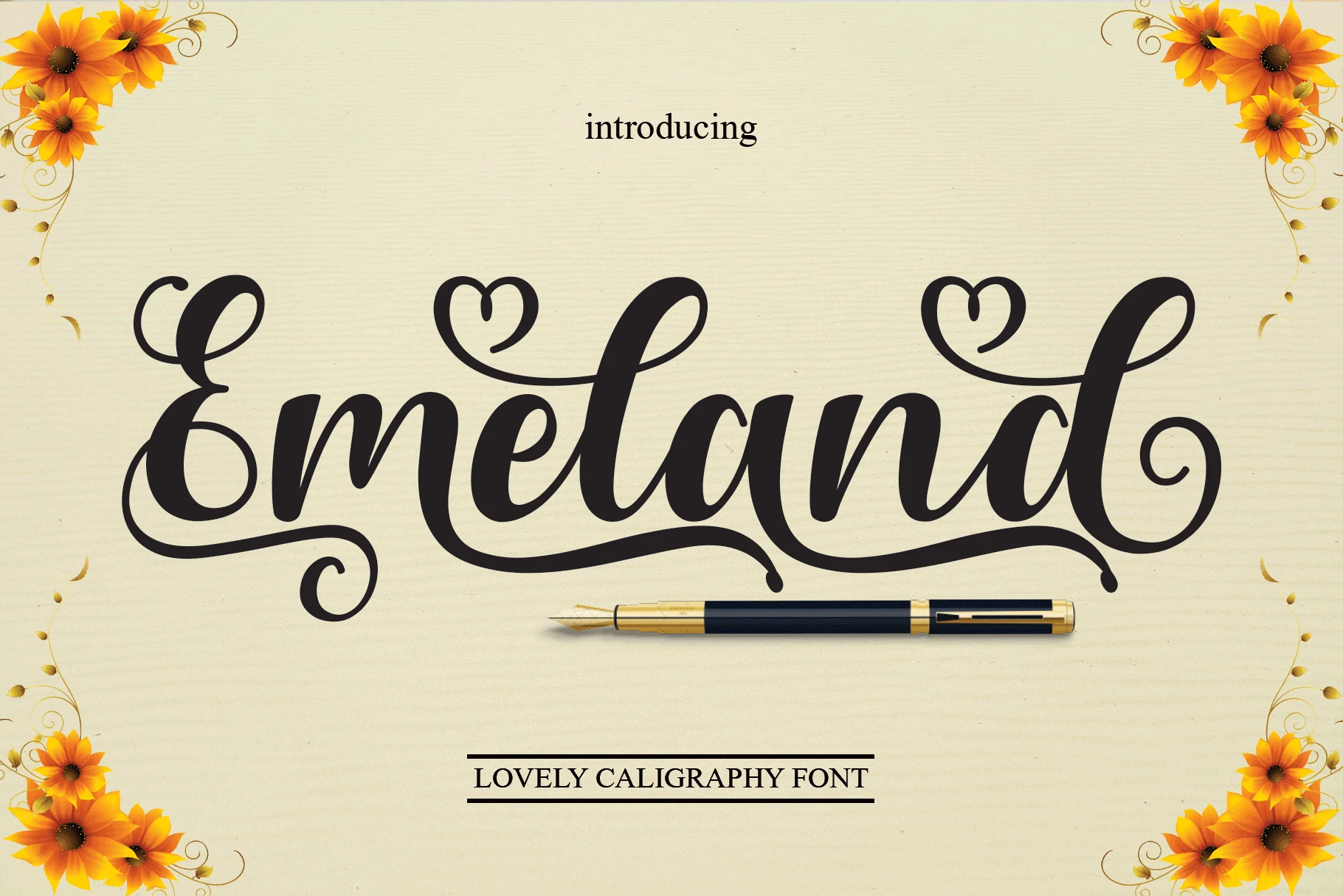 Emeland Font featuring a highly decorative connected script with looping swashes, thick downstrokes, and heart-shaped flourishes.