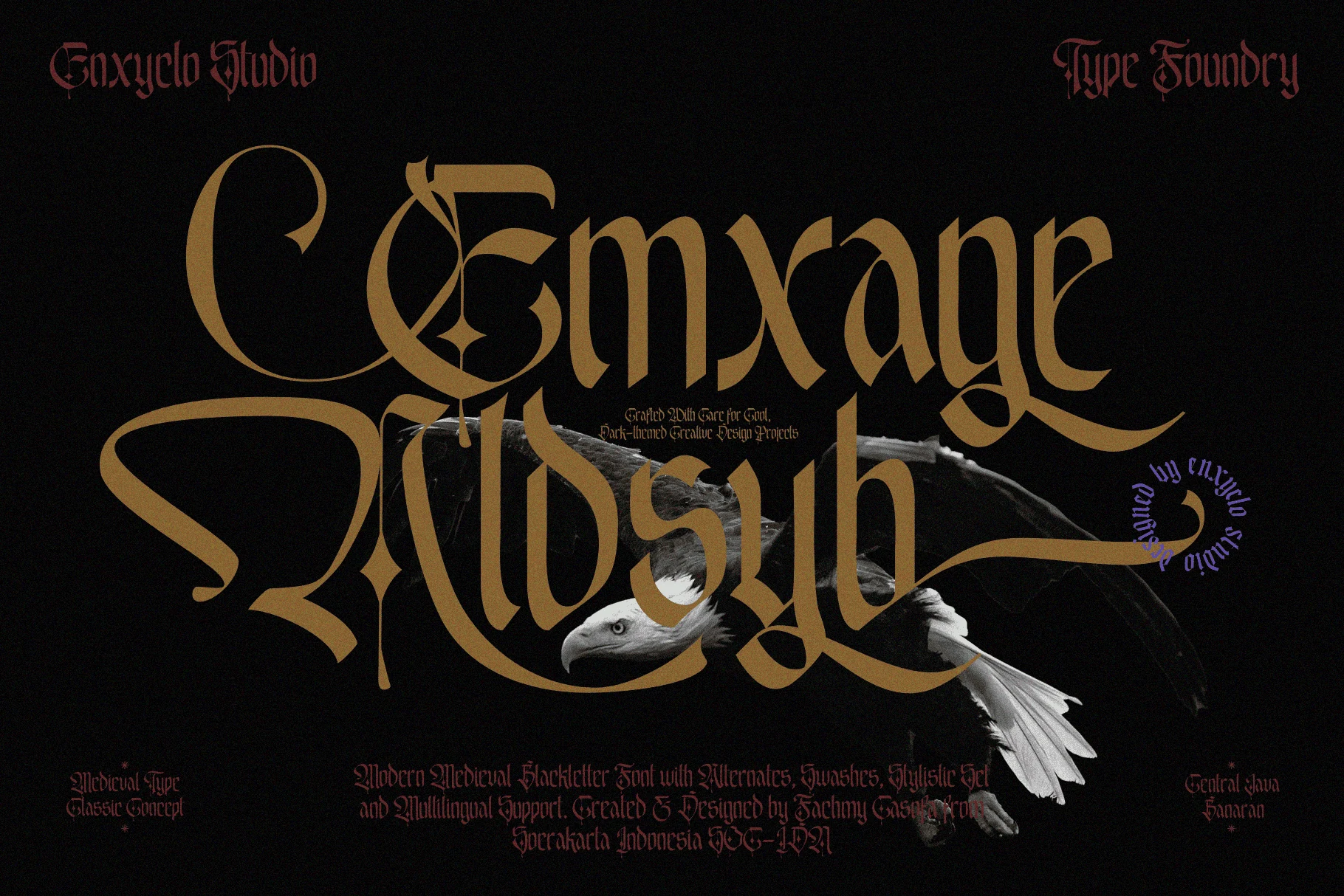 Emxage Aldsyb Font displaying ornate blackletter lettering with sharp angular terminals and decorative swashes.