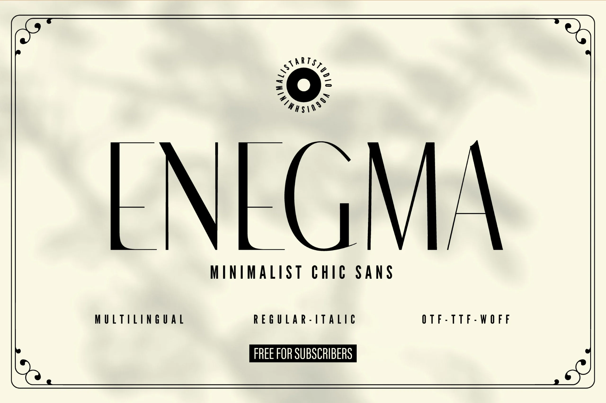 Enegma Font displayed as an upright, ultra-condensed sans serif with high stroke contrast and sharp tapered terminals.