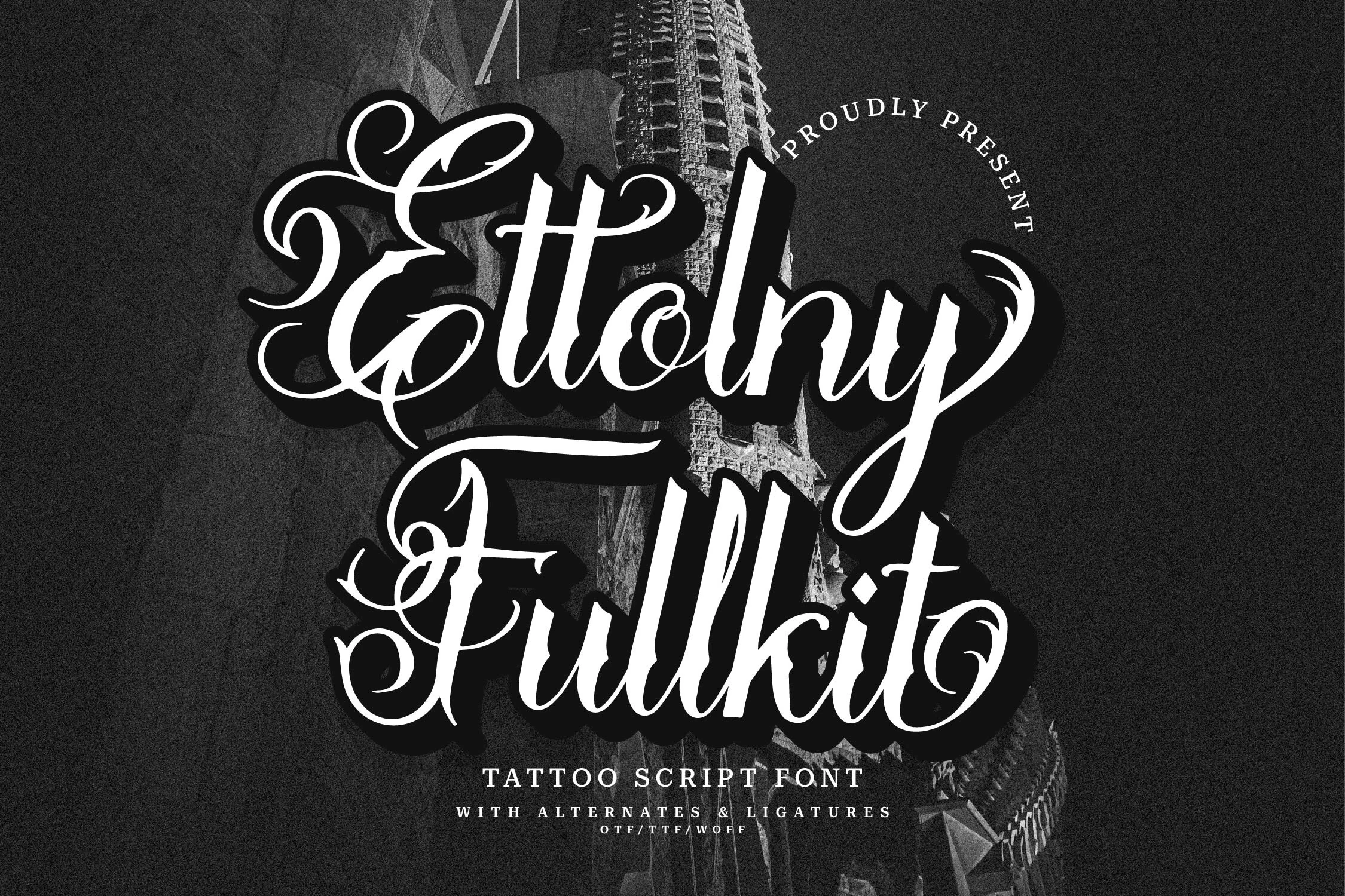 Ettolny Fullkit Font featuring a bold, slanted script with sweeping flourishes and sharp pointed terminals.