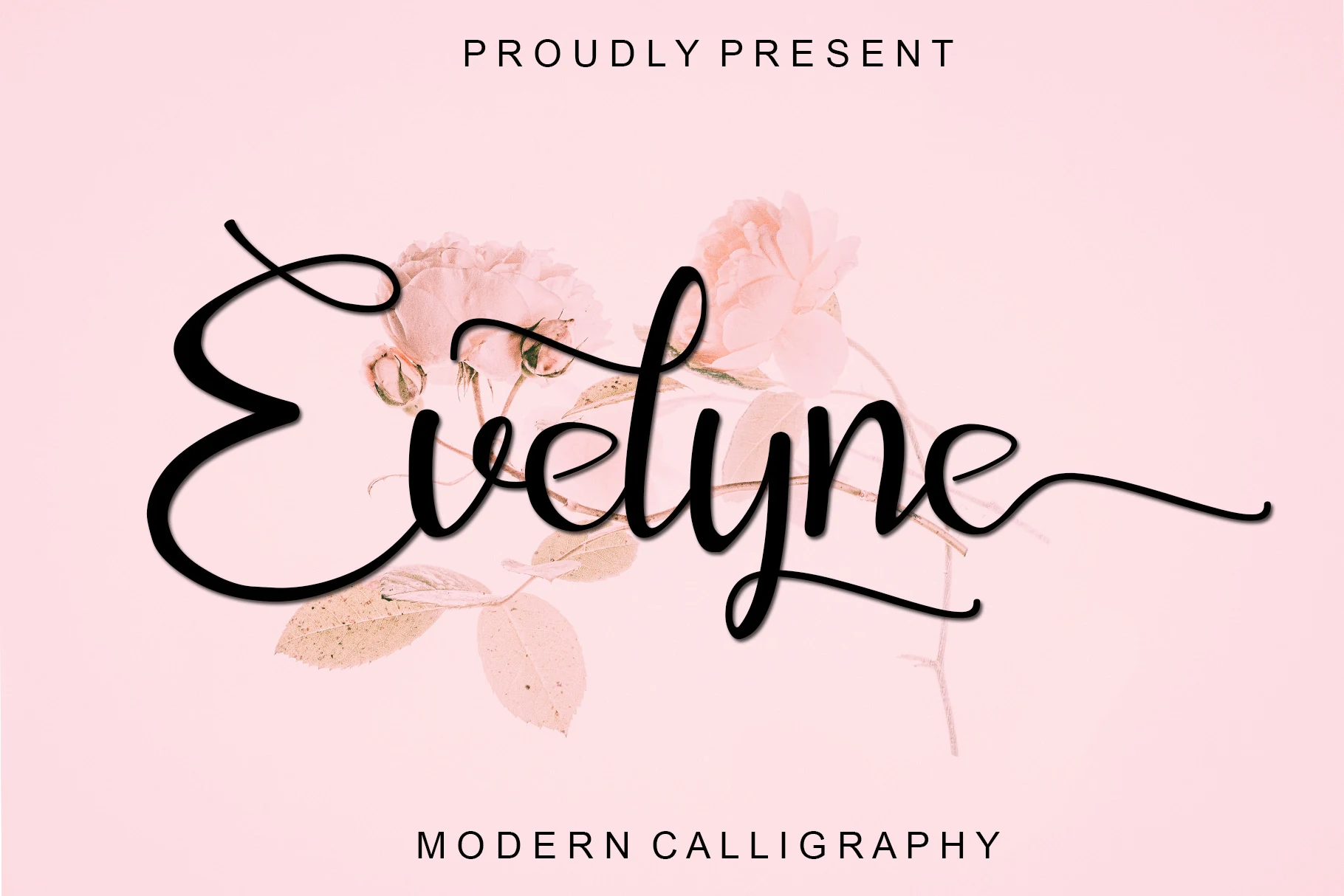 Evelyne Font is a connected cursive script with high stroke contrast, decorative flourishes, and a right-leaning slant.