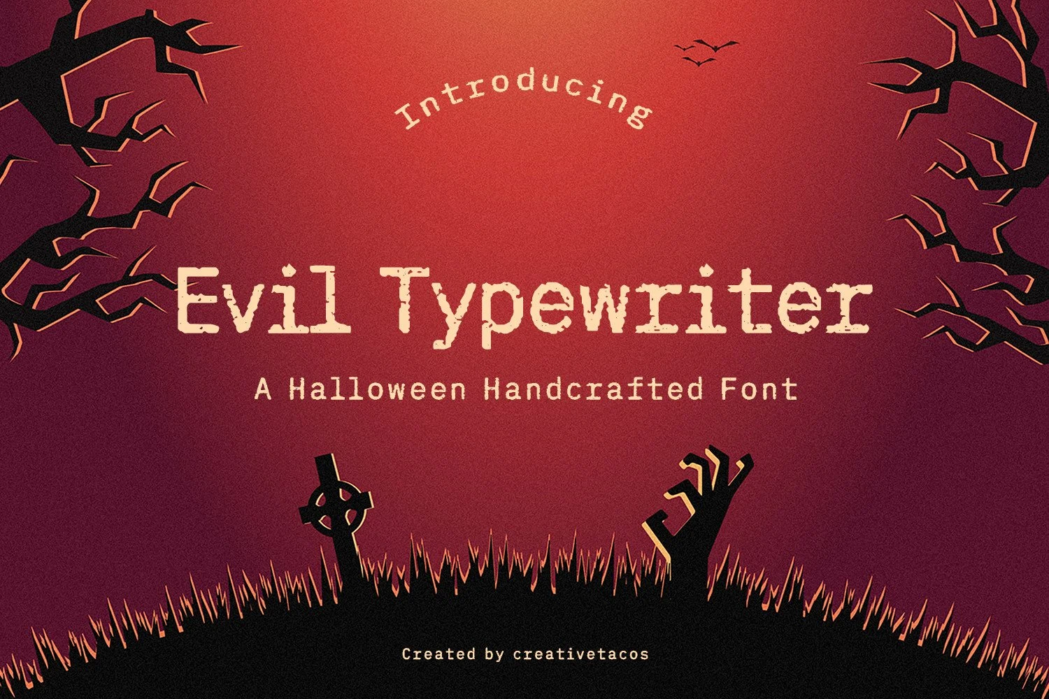 Evil Typewriter Font is an upright, blocky slab-serif display font with distressed, weathered texture and ink-stamped edges.