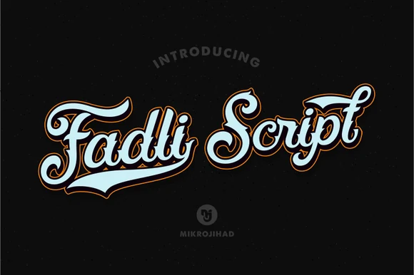 Fadli Script Font featuring bold connected cursive letterforms, a pronounced rightward slant, and decorative looping flourishes.