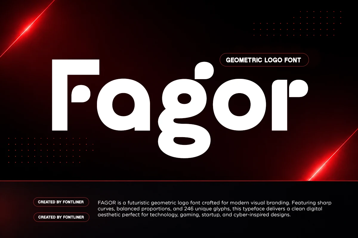 Fagor Font displayed in large rounded geometric letters with uniform strokes and teardrop-shaped cutouts.