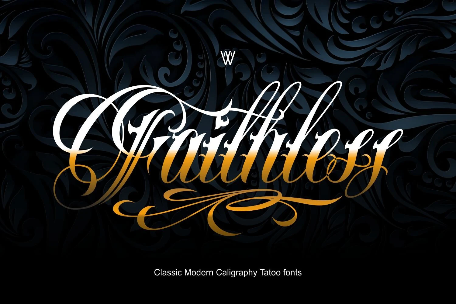 Faithless Font featuring an ornate connected calligraphic script with high stroke contrast, a pronounced rightward slant, and elaborate flourishes.