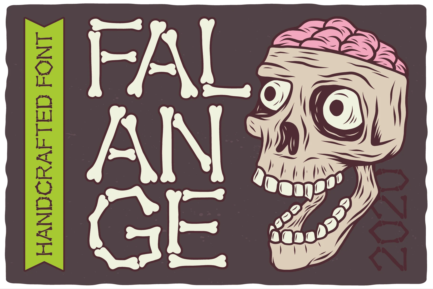 Falange Font with upright letters constructed from individual bone shapes in a blocky, angular display style.