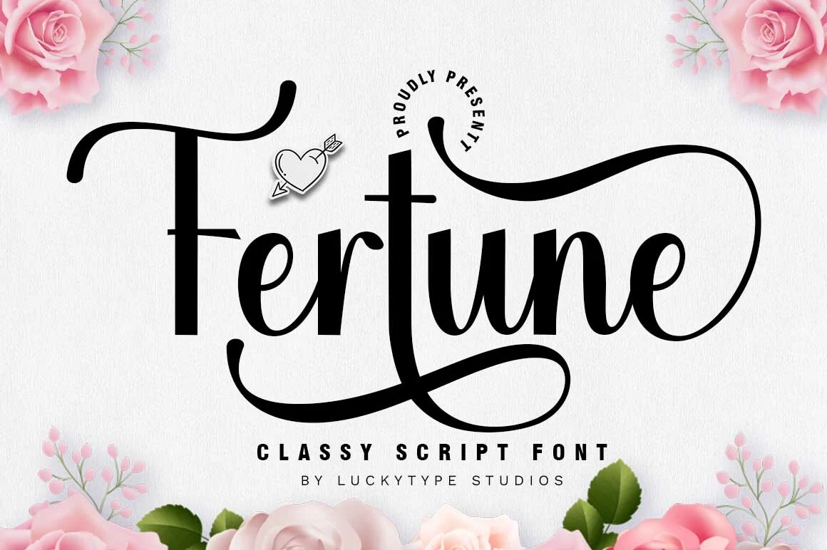 Fertune Font features high-contrast connected script lettering with flowing curves, decorative swashes, and extended terminals.