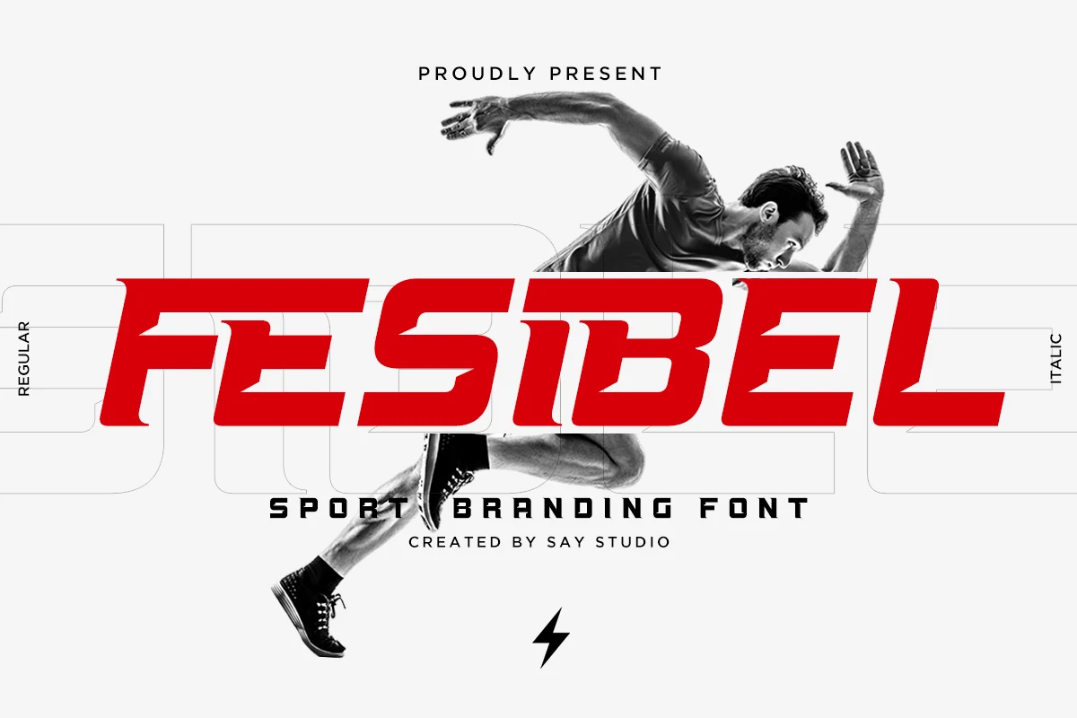 Fesibel Font displayed in bold upright capitals with wide proportions and sharp angular terminals.