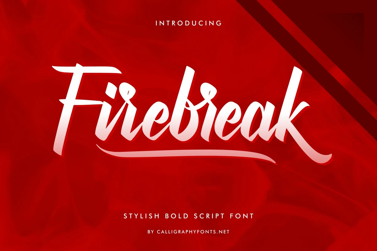 Firebreak Font is a bold, slanted script with connected letterforms, high stroke contrast, and a terminal swash beneath the word.