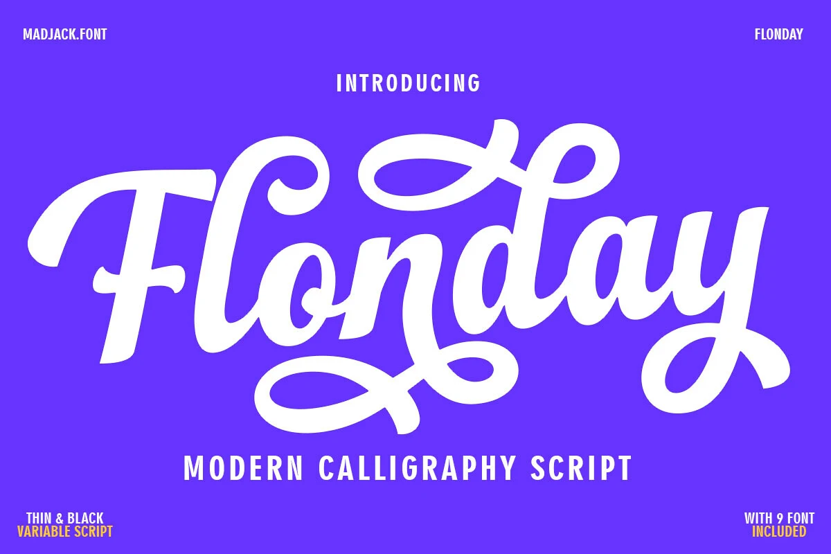 Flondayscript Regular Font showing bold connected calligraphic letterforms with high stroke contrast and pronounced swashes.