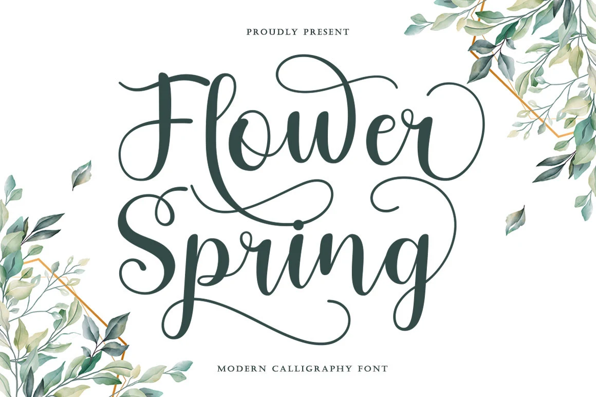 Flower Spring Font is a connected calligraphy script with high stroke contrast, looping ascenders and descenders, and decorative swashes.