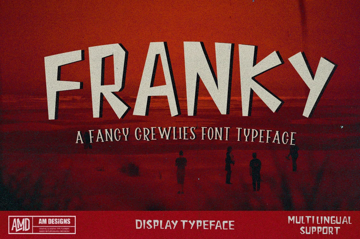 Franky Font with bold uneven lettering, irregular proportions, and angular terminals.