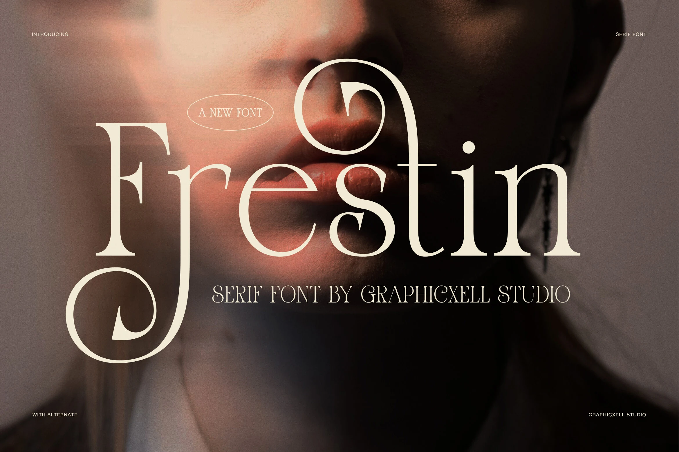 Frestin Font preview showing high-contrast serif letters with ornate swashes and curved calligraphic terminals.