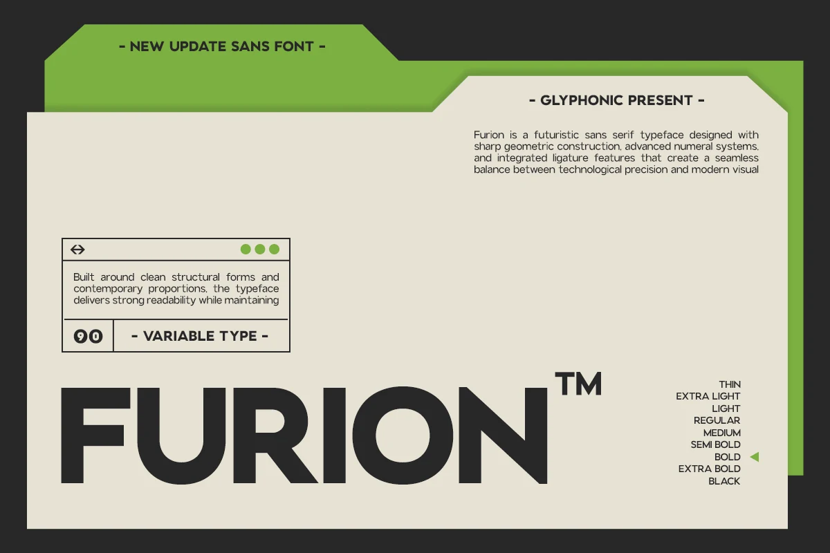 Furion Font preview showing a bold geometric sans serif with sharp angles and uniform strokes.