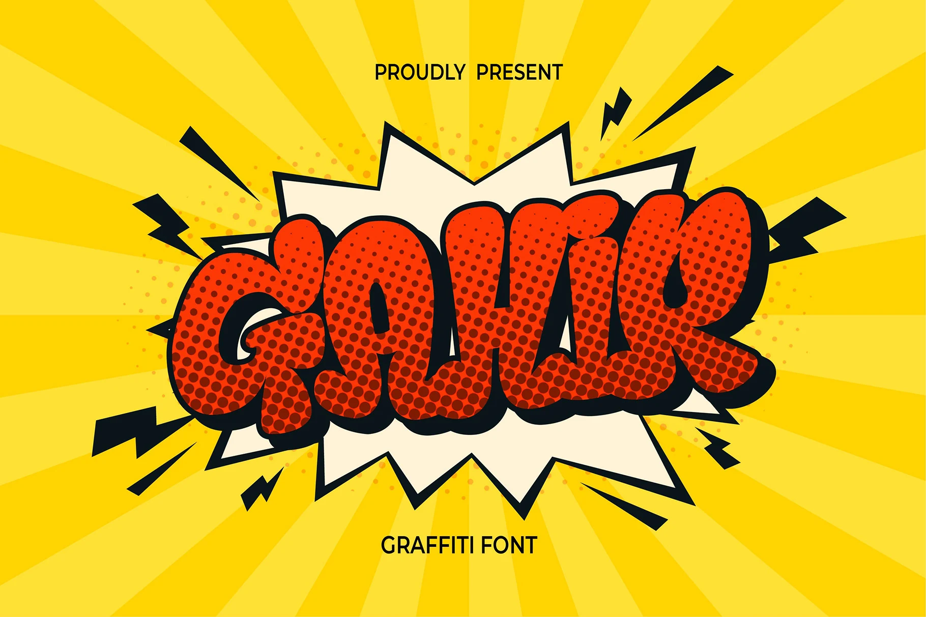 Gahir Font shown as bold rounded graffiti lettering with thick outlines, overlapping forms, and halftone texture.