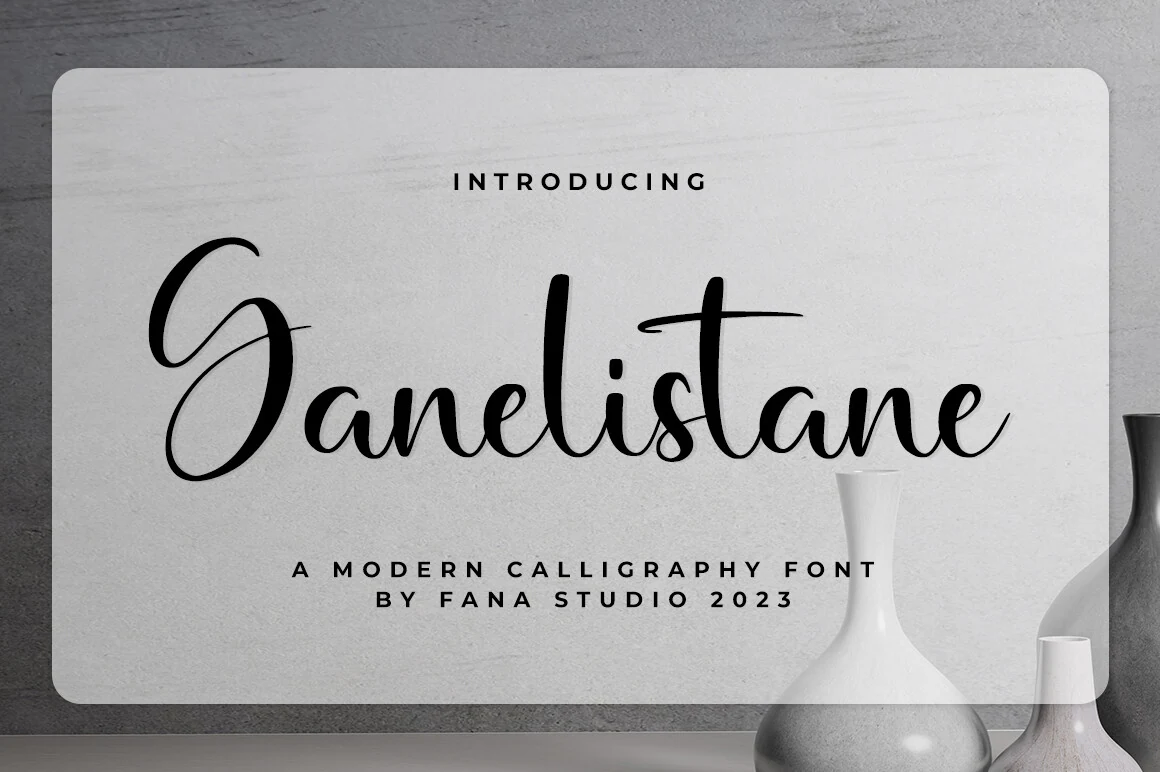 Ganelistane Font featuring high-contrast strokes, flowing curves, and connected script letterforms.